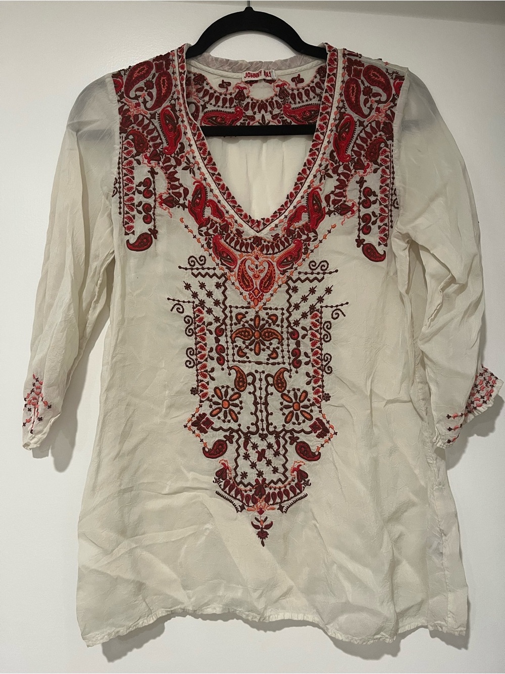 Johnny Was White Tunic with Red and Pink Embroidery